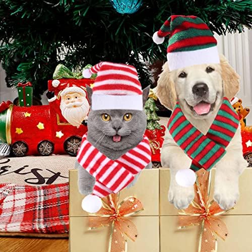 4 Paket Kedi Santa Şapka Eşarp ile Köpek Noel Şapka ve Eşarp Çizgili Noel Kostümleri Küçük Köpekler Kediler için