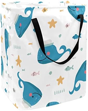 Mavi Yunus Şapka Sarı Yıldız Balık Baskı Katlanabilir Çamaşır Sepeti, 60L Su Geçirmez çamaşır sepetleri Çamaşır Kutusu