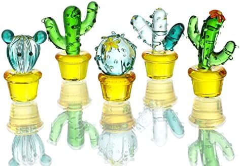 H & D HYALİNE & DORA 5 ADET El Yapımı Üflemeli Cam Sanatı Kaktüs Kristal Minyatür Sevimli Kaktüs Figürleri Ev Ofis