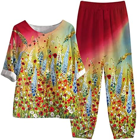 Iki Parçalı Kıyafetler Kadınlar için Yaz 2023 3/4 Kollu Keten Gevşek Rahat Kırpma Üst ve Etek Seti Ter pantolon seti