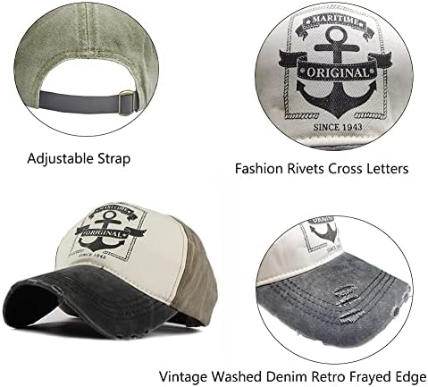 LONGTEN Vintage Beyzbol Şapkası Moda Çapa Desen Denim Pamuk Yıpranmış Kenar Sunhat Ayarlanabilir Unisex
