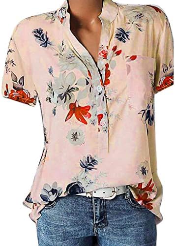 Bayanlar Yaz Üstleri Retro Çiçek Baskılı Kısa Kollu Tunikler Rahat Gevşek 1/4 Düğme Aşağı Standı Yaka Tişörtleri