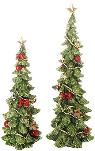 Parlak Yeşil, Kırmızı ve Altın Renginde Süslenmiş Noel Ağacı Figürleri -12 inç ve 9 inç yüksekliğinde