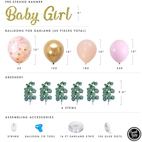 Tatlı Bebek A. Ş. Pembe Balon Kemerli Kız için Bebek Duş Süslemeleri Çelenk Seti, Kız Bebek Afiş Dekoru, Okaliptüs