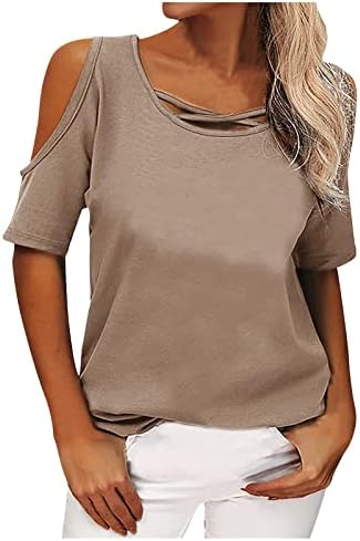Artı Boyutu T-Shirt Kadınlar için Soğuk Omuz Kısa Kollu Üstleri Criss yuvarlak Boyun Gömlek Yaz Rahat Moda Tunik Bluz