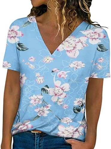 Gömlek Kadınlar için Moda 2023 Casual Çiçek Baskılı T Shirt Kısa Kollu Gevşek Artı Boyutu Üstleri V Yaka Yaz Tunik