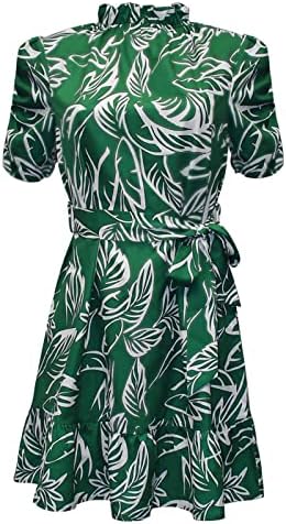 Kadın Yaz Baskı Ekip Boyun Kısa Kollu Elastik Bel Elbise Plaj Elbise Güneş Elbise Ruffled Flowy Midi Elbise