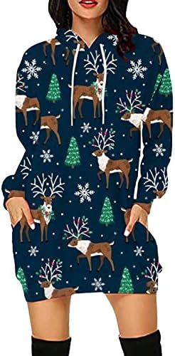 Ruzıyoog Bayan Merry Christmas Hoodies Elbise Çirkin Baskılı Uzun Kollu Kazak İpli Noel Mini Kazak Elbiseler