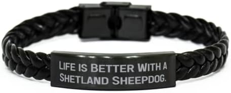 Örgülü Deri Bileklik, Arkadaşlardan Shetland Çoban Köpeği Hediyesi, Evcil Hayvan Severler için Eğlenceli Oyulmuş Bileklik,