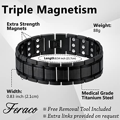 Feraco 3X Manyetik Bilezikler Erkekler için Titanyum Çelik Manyetik Bilezik ile 3 Satır Mıknatıslar - Silikon Bileklik