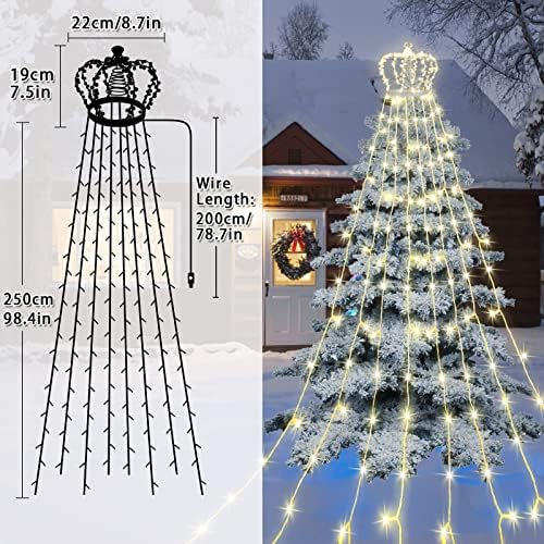 Noel ağacı ışıkları dekorasyon, taç ağacı Topper ile 8.2 FT şelale peri dize ışıkları, 156 sıcak beyaz LED USB ve