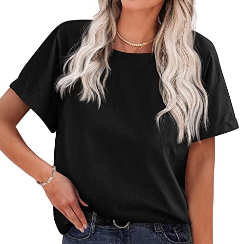 Kadın Bluzlar Kısa Kollu Pamuk Keten Gömlek Casual Gevşek Yuvarlak Yaka Katı T Shirt Üst