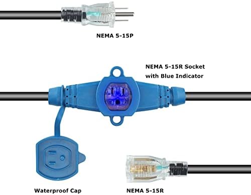 Erboelec 30 Feet Çok Çıkışlı Uzatma Kablosu 12 Gauge,Mavi Göstergeli 7 Nema 5-15R Eşit Aralıklı Çıkış.Erkek Fişten