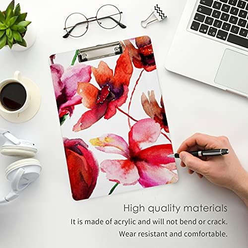 Suluboya Kırmızı Çiçekler Plastik Clipboards ile Metal Klip Mektup Boyutu Panoya Düşük Profil Klip Panoları için Ofis