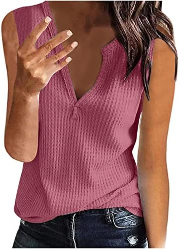 Kadın Yaz Kolsuz Waffle Tee Gömlek V Boyun Egzersiz Tankı Üstleri Rahat Düz Cami Gömlek Kadınlar için 2023 Moda