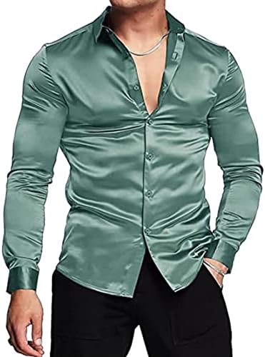 Maiyifu-GJ Erkek Metalik Disko Parlak Elbise Gömlek Uzun Kollu Düğme Aşağı Gece Kulübü Parti Gömlek Lüks Saten İnce