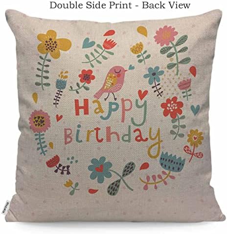 Wozukia Mutlu Doğum Günü Yastık Kılıfı, Güzel Çiçekler ve Kuş Zarif Çiçek Elemanları ile Kırmızı Mavi Sarıev Dekoru