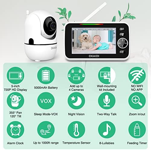 OKAIDI Bebek Monitörü-Kamera ve Sesli 720P 5 Bebek Monitörü, Kızılötesi Gece Görüşü, 5000mAh Pil, 2 Yönlü Konuşma,