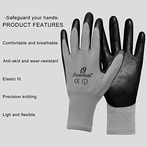 I9 Essentials 12 Pairs iş güvenliği eldiveni Nitril Kaplı, Dikişsiz Polyester Astar Pürüzsüz İnşaat Eldivenleri-Büyük