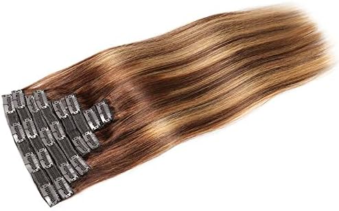 KKVEE klipsli postiş 8 Adet insan saçı Düz saç P4/27 (Boyut : 16 inç)