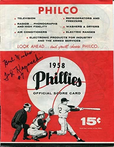 Ted Kazanski Philadelphia Phillies İmzalı İmza Orijinal 1958 Skor Kartı - Beyzbol Slabbed İmzalı Kartlar
