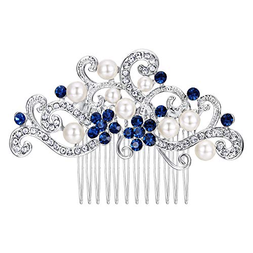 HİÇ İNANÇ Düğün Saç Yan Tarak Aksesuarları, mavi Avusturyalı Kristal Krem Simüle İnci Çiçek Asma Gelin saç parçası