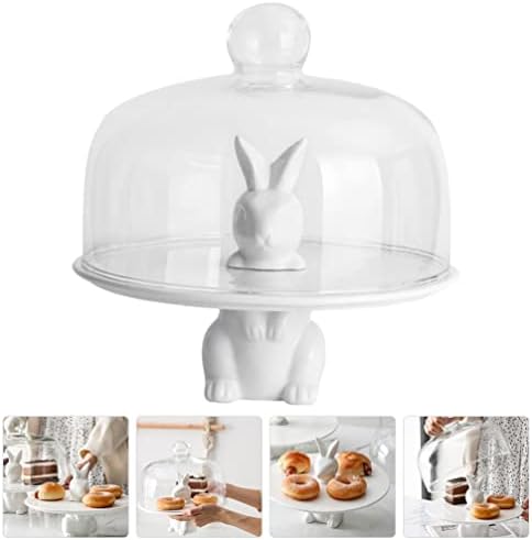 Cabilock cam vitrin 1 Takım Bunny Tavşan Seramik Plaka Sevimli Kek Standı ile Cam Kubbe Cupcake Standı tatlı tabakları