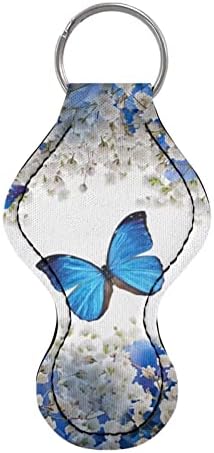 COEQINE Chapstick Tutucu Anahtarlık Tasarım Neopren Dudak Balsamı Anahtarlık Tutucu Baskı Mavi Kelebek Beyaz Çiçekler
