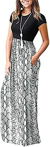 Kadınlar Casual uzun elbise Kısa Kollu Gevşek Düz/Boho Çiçek Pileli Yüksek Bel Maxi Elbiseler Cepler ile