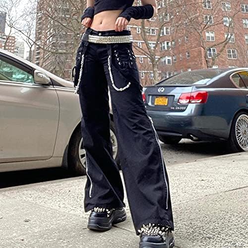 NUFİWİ Kadın Gotik Kargo Pantolon Gevşek Düşük Bel Pantolon Geniş Bacak Şalvar Kot Harajuku Streetwear Punk