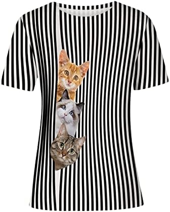 3D Kedi Baskı T Shirt Kadınlar için Rahat Kısa Kollu Sevimli Baskı Grafik Bluz Ekip Boyun Gevşek Üstleri Düz Renk