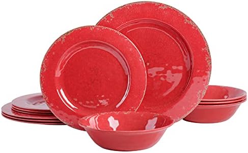 Gibson Home Mauna Melamin Yemek Takımı Seti, 4 Kişilik Servis (12 adet), Kırmızı Rustik
