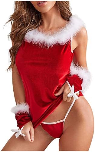 BADHUB Xmas_Dress Kadınlar Seksi Noel Tüy İç Çamaşırı Altın Kadife Gecelik Tanga G-String Fantezi Retro_Dress