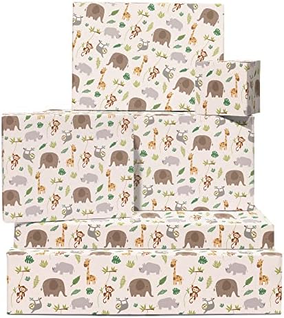 MERKEZİ 23 Bebek Hayvan Ambalaj Kağıdı - 6 Nötr Hediye Paketi Sayfası-Maymun Fil Zürafa-Doğum Günü Bebek Duşu için